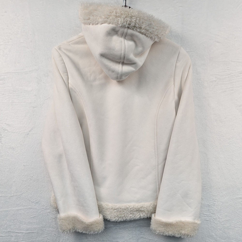 VTG Mudd Jacket Womens M Cream Faux Suede Fur Trim Hooded McBling Snow Bunny Y2K - Picture 2 of 14
